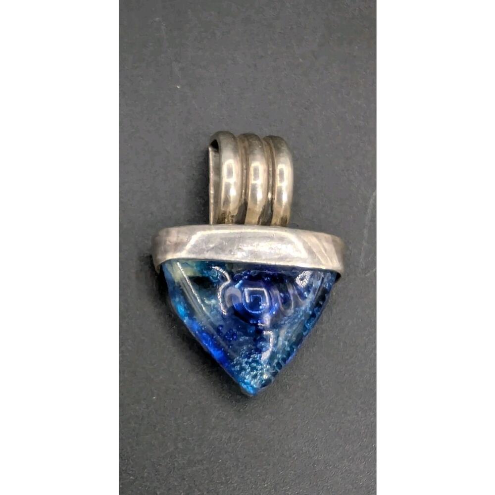 Vintage Sterling Silver 925 Blue Bubble Swirl Art Glass Triangle Pendant
